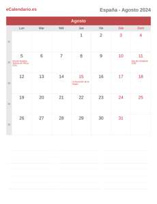 Calendario 2024 Agosto