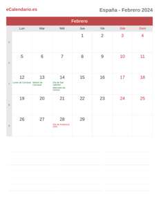 Calendario 2024 Febrero