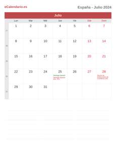 Calendario 2024 Julio