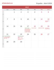 Calendario 2025 Abril