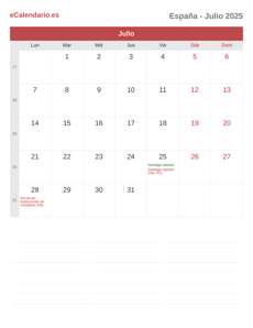 Calendario 2025 Julio