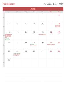 Calendario 2025 Junio