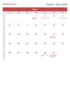 Calendario 2025 Mayo