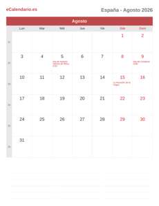 Calendario 2026 Agosto