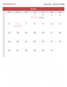 Calendario 2026 Enero