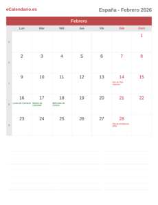 Calendario 2026 Febrero