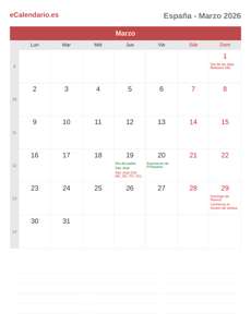 Calendario 2026 Marzo