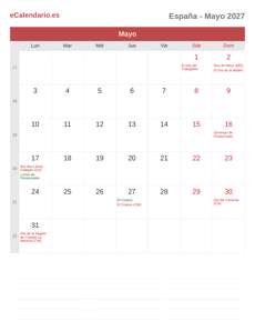 Calendario 2027 Mayo
