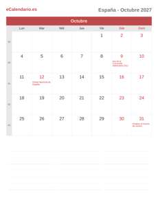 Calendario 2027 Octubre