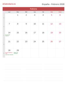 Calendario 2028 Febrero