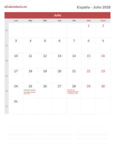 Calendario 2028 Julio