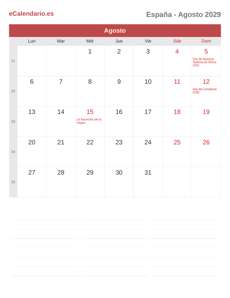 Calendario 2029 Agosto