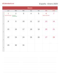 Calendario 2029 Enero