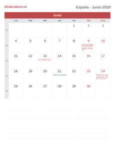 Calendario 2029 Junio
