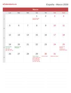 Calendario 2029 Marzo