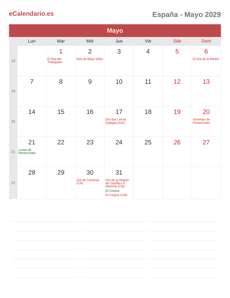 Calendario 2029 Mayo