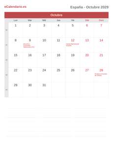Calendario 2029 Octubre